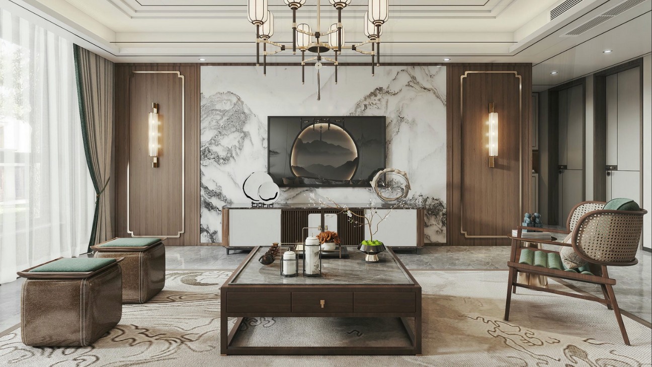Kệ tivi ốp tường phòng khách indochine