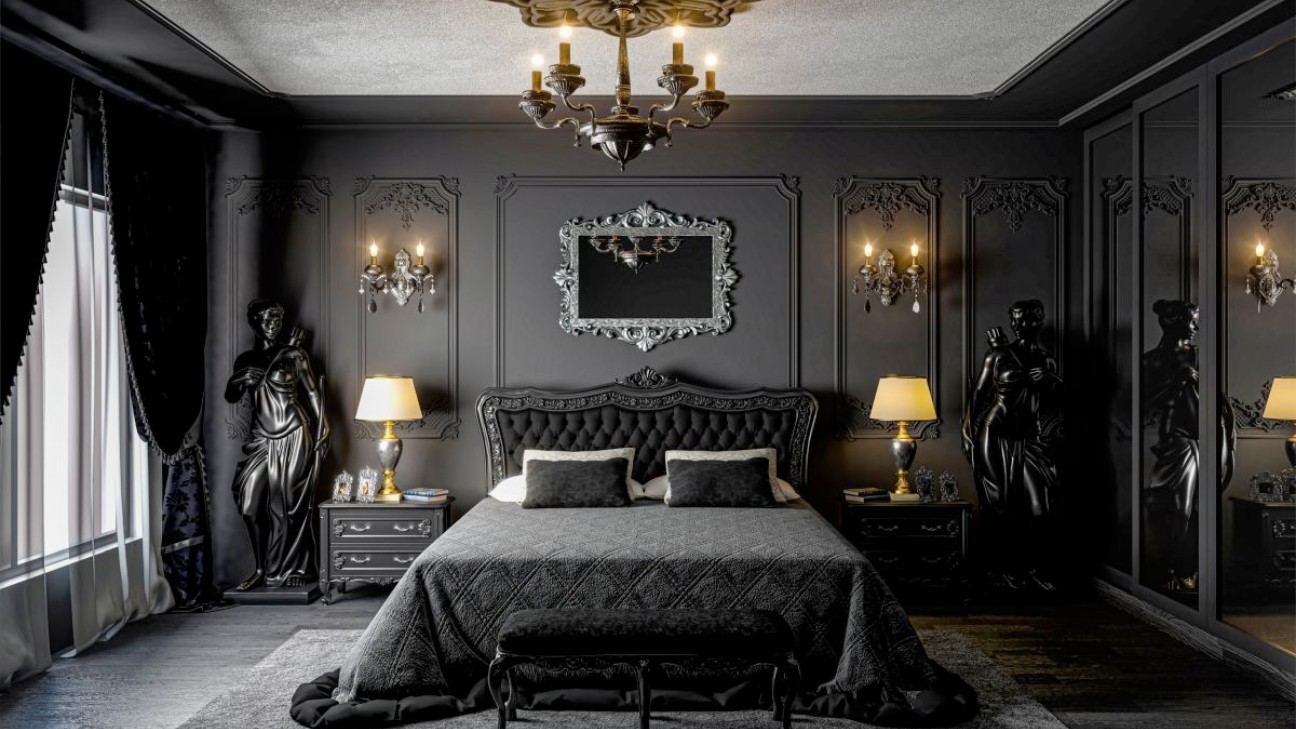Không gian phòng ngủ Gothic với giường upholstered