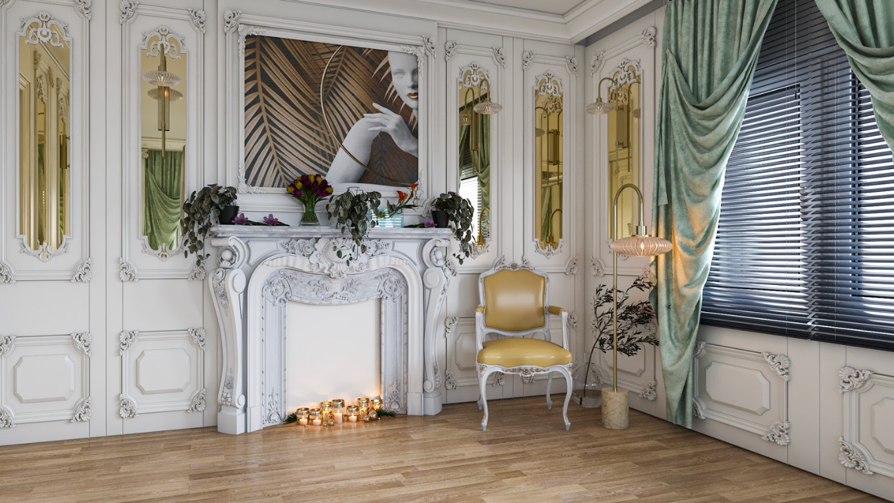 Lò sưởi Baroque với chạm khắc tinh xảo