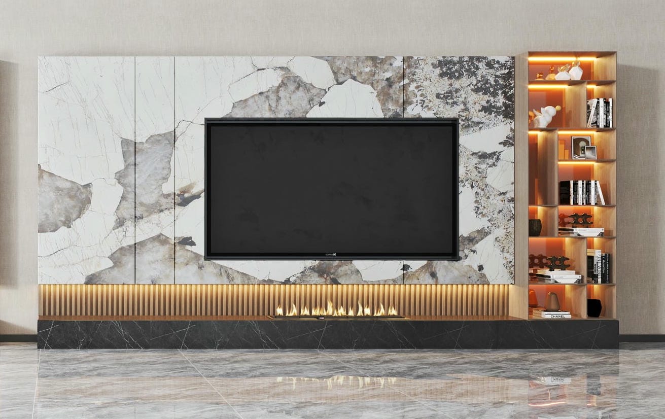 Mẫu kệ tivi trang trí phòng khách đẹp có fireplace