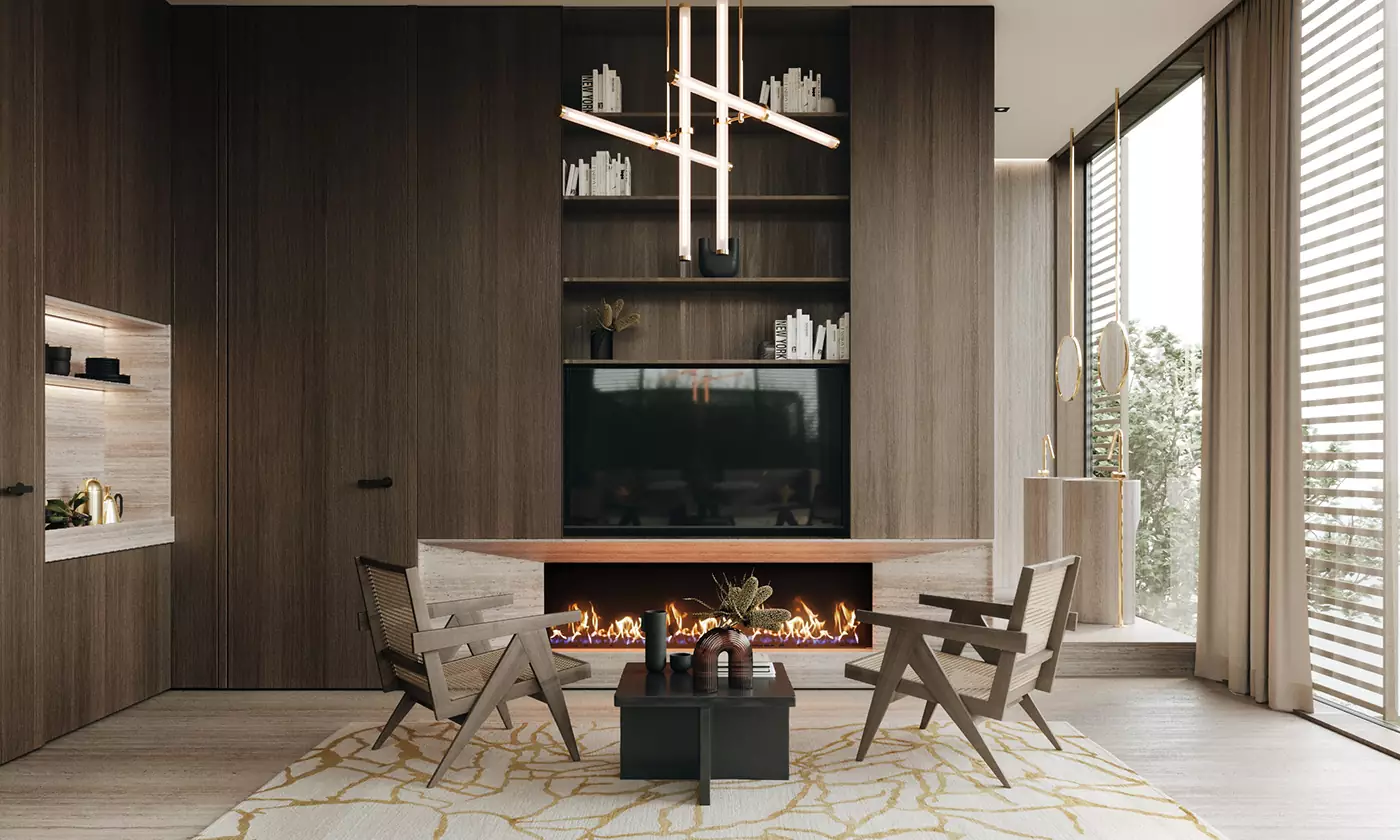 Mẫu thiết kế nội thất phòng khách Villa gỗ óc chó cực đẹp