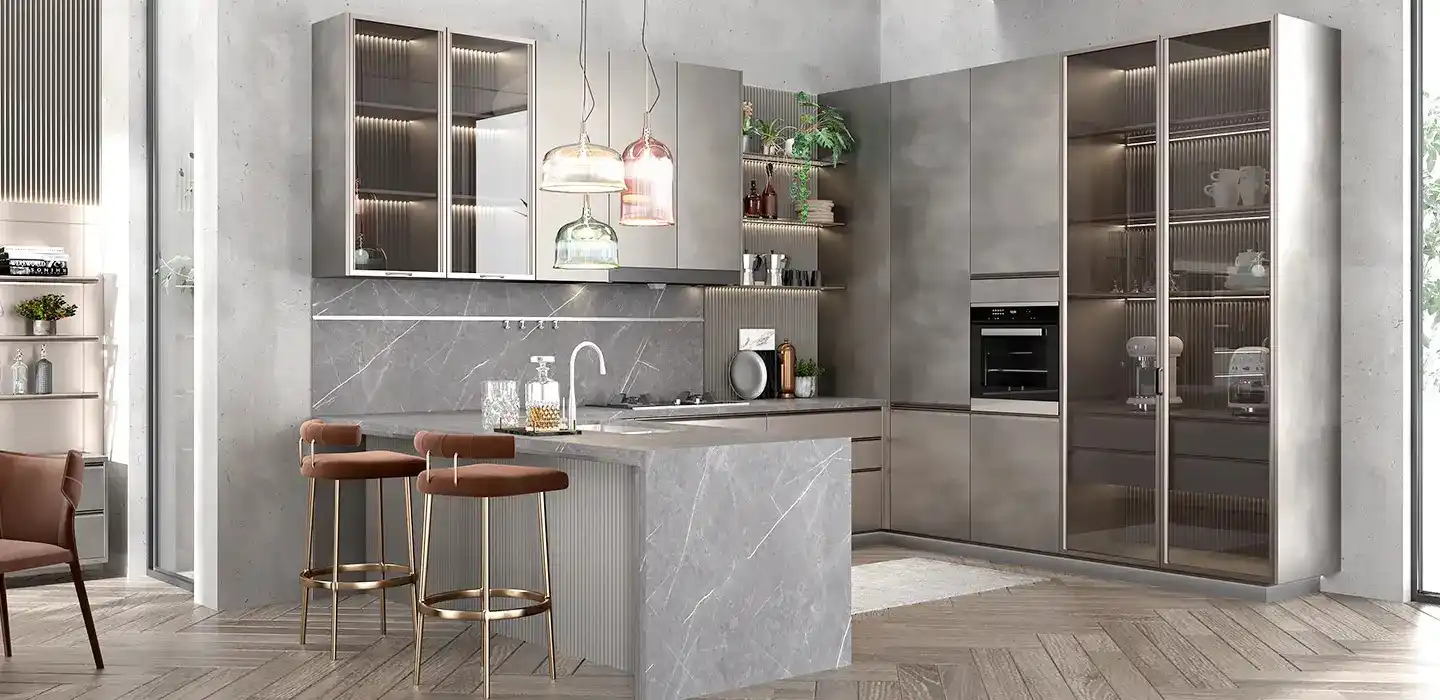 Mẫu thiết kế tủ bếp nhôm kính chữ U tinh tế