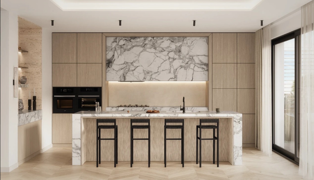 Mẫu tủ bếp chữ L có quầy bar tiện lợi