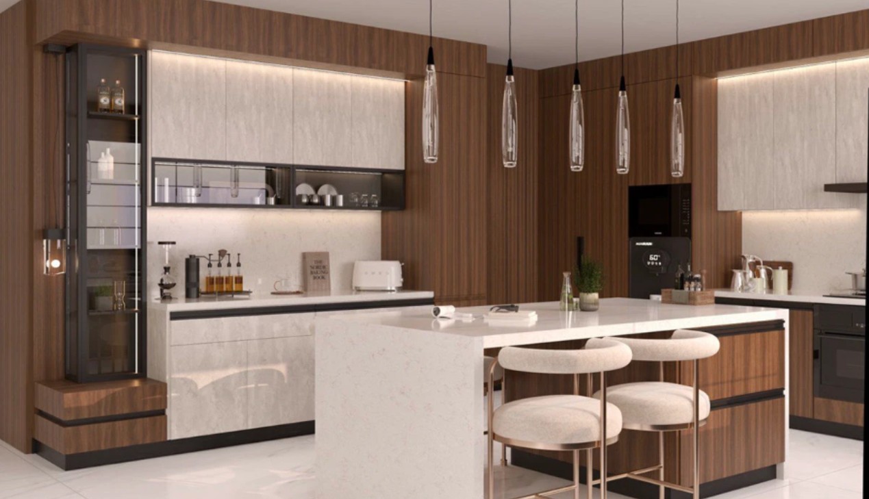 Mẫu tủ bếp gỗ veneer độ bền cao