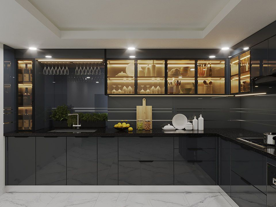 Mẫu tủ bếp hợp kim nhôm màu đen