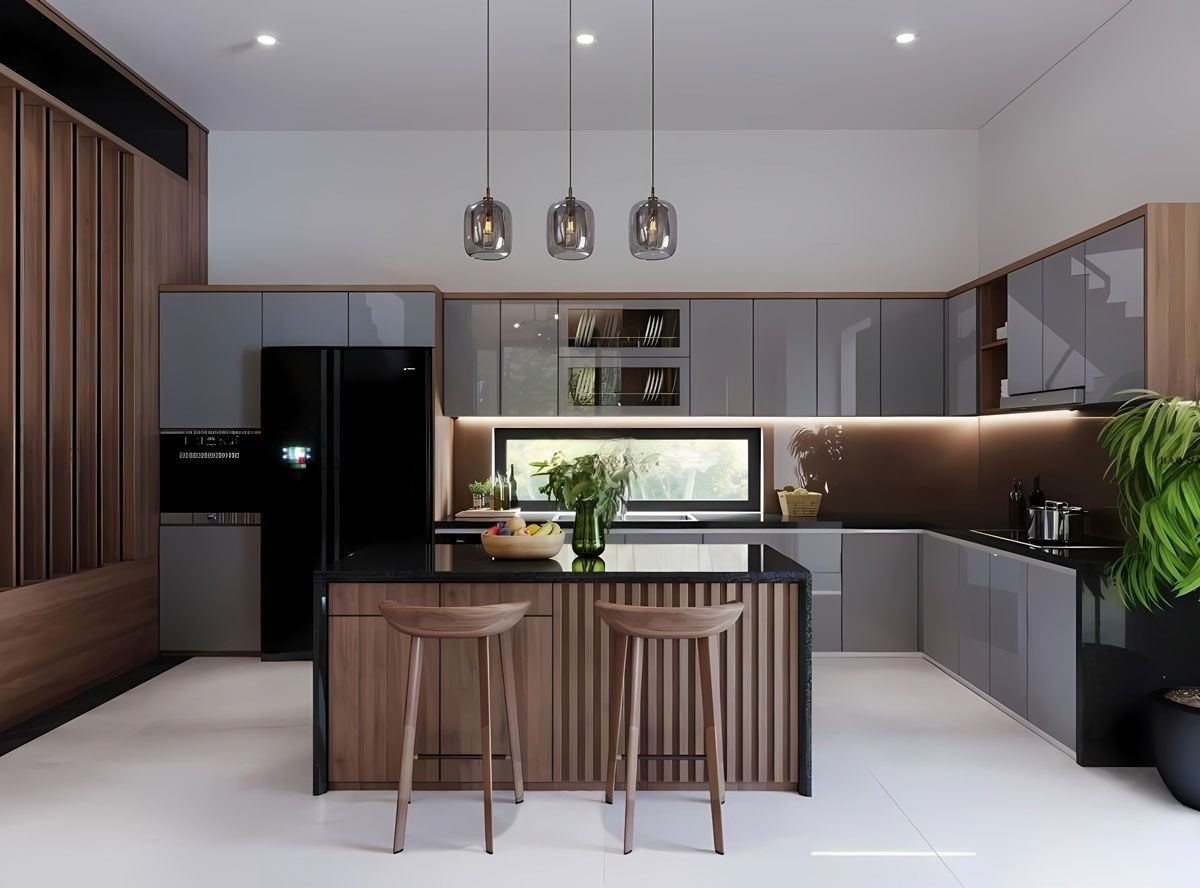 Mẫu tủ bếp hợp kim nhôm tối giản