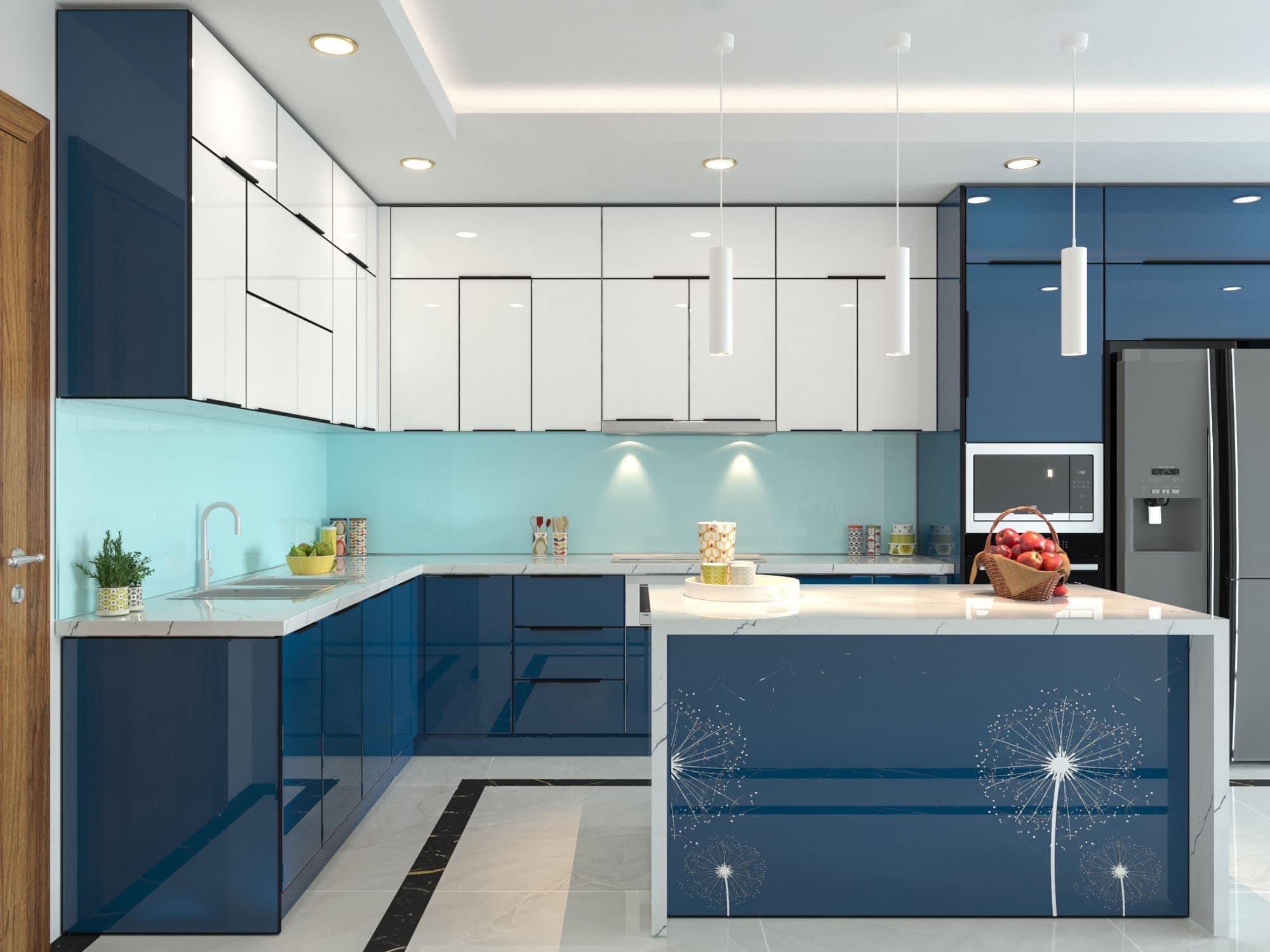 Mẫu tủ bếp hợp kim nhôm tone xanh