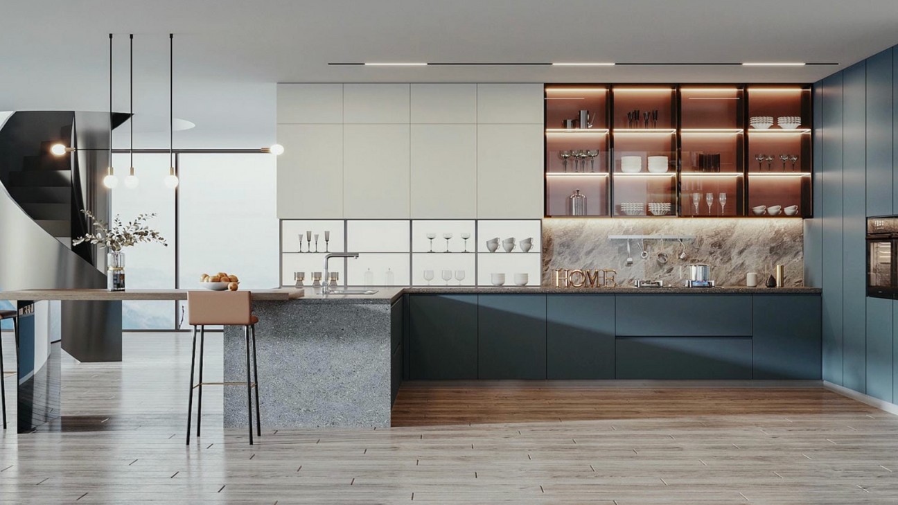 Mẫu tủ bếp inox cánh kính industrial