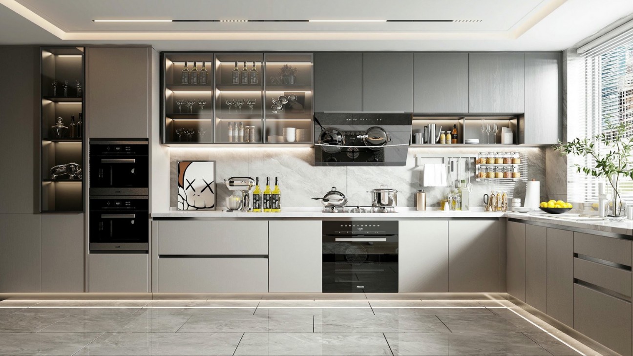 Mẫu tủ bếp inox cánh kính luxury