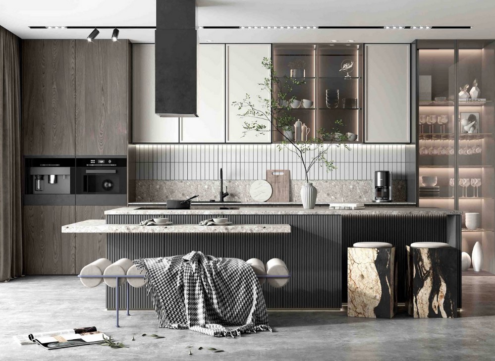 Mẫu tủ bếp inox cánh kính trong suốt