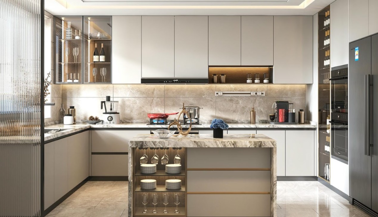 Mẫu tủ bếp liền tủ rượu gọn gàng