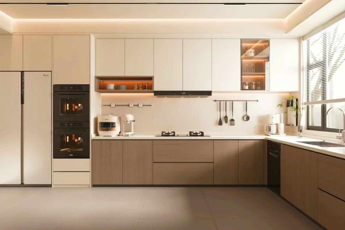 Mẫu tủ bếp nhôm giả gỗ cho chung cư