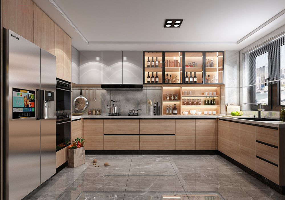 Mẫu tủ bếp nhôm giả gỗ cho chung cư
