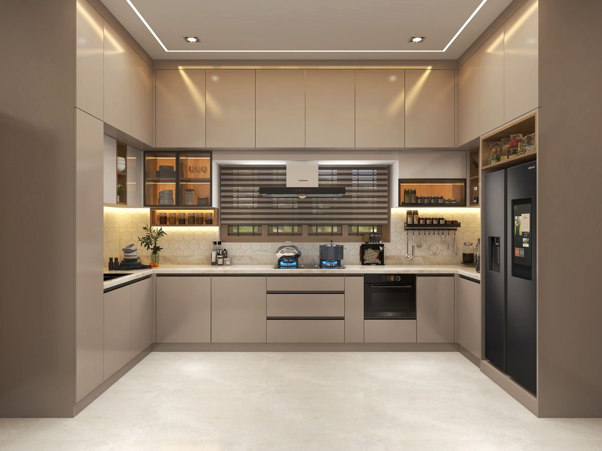 Mẫu tủ bếp nhôm giả gỗ màu be