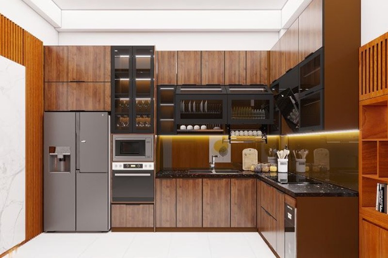 Mẫu tủ bếp nhôm giả gỗ nhà cấp 4