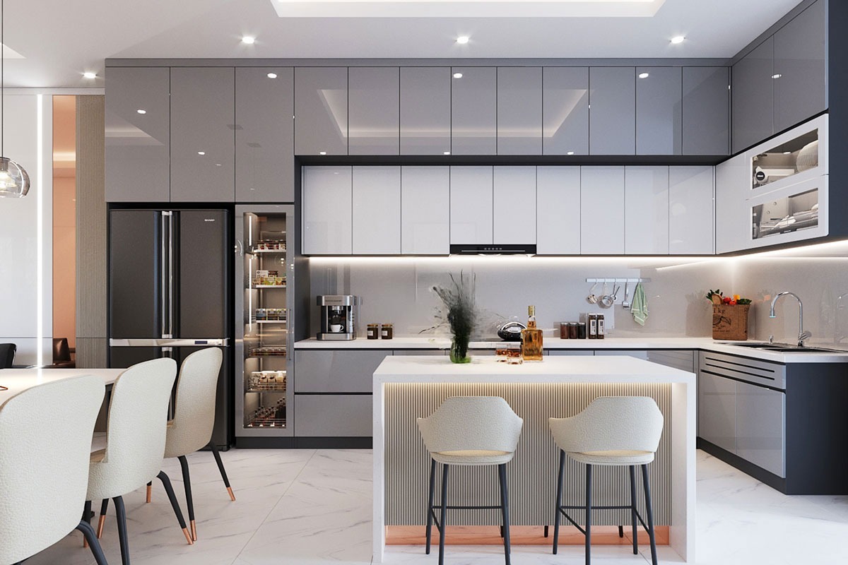 Mẫu tủ bếp nhôm kính cao cấp hiện đại
