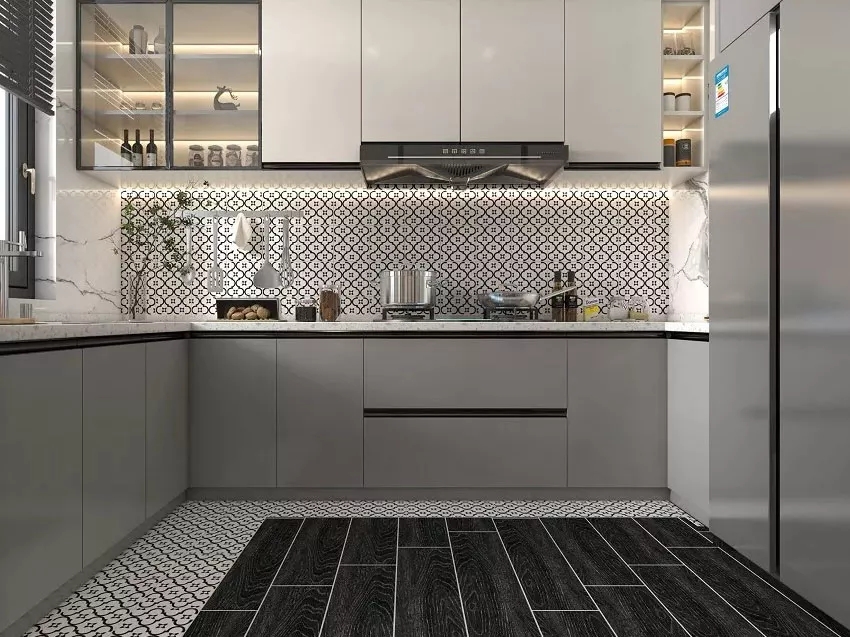 Mẫu tủ bếp nhôm màu xám nhỏ gọn