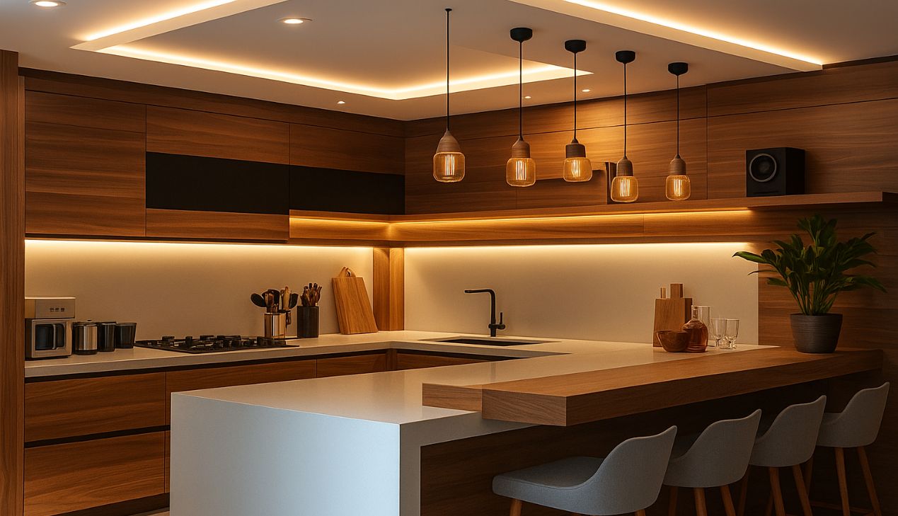 Quầy bar gỗ trong bếp chữ U
