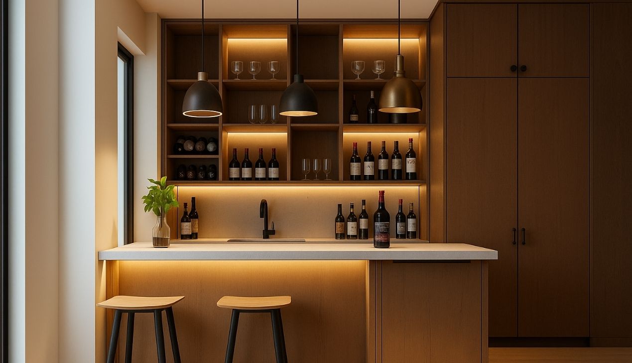 Quầy bar mini có đèn trang trí