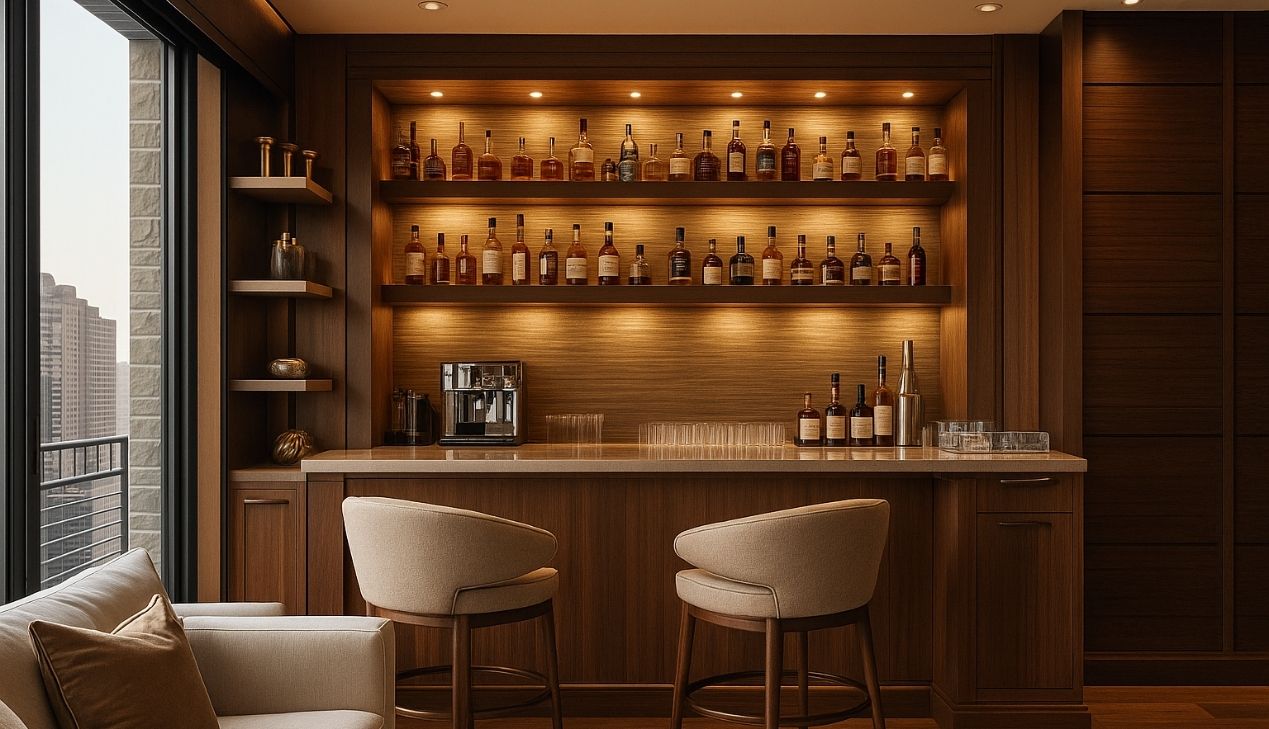 Quầy bar mini đặt sát tường