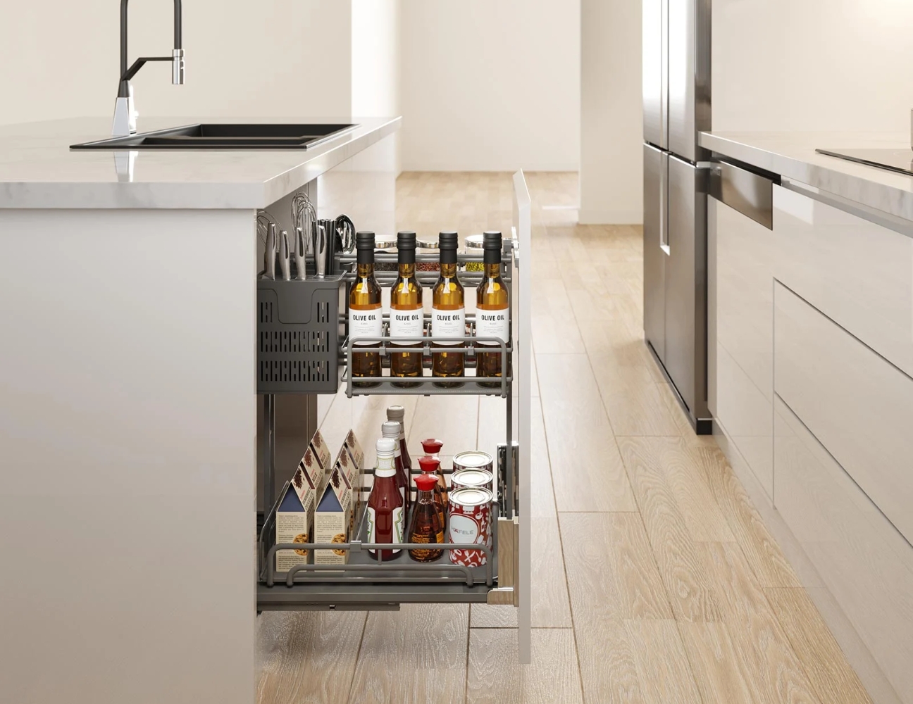 Rổ tủ bếp inox cánh kéo