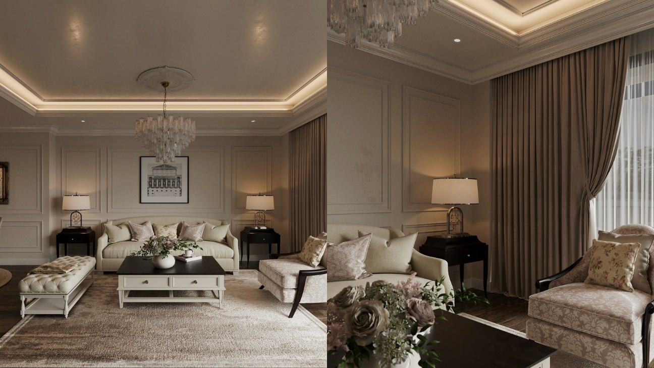 Sảnh đón khách Baroque với đèn chùm lớn