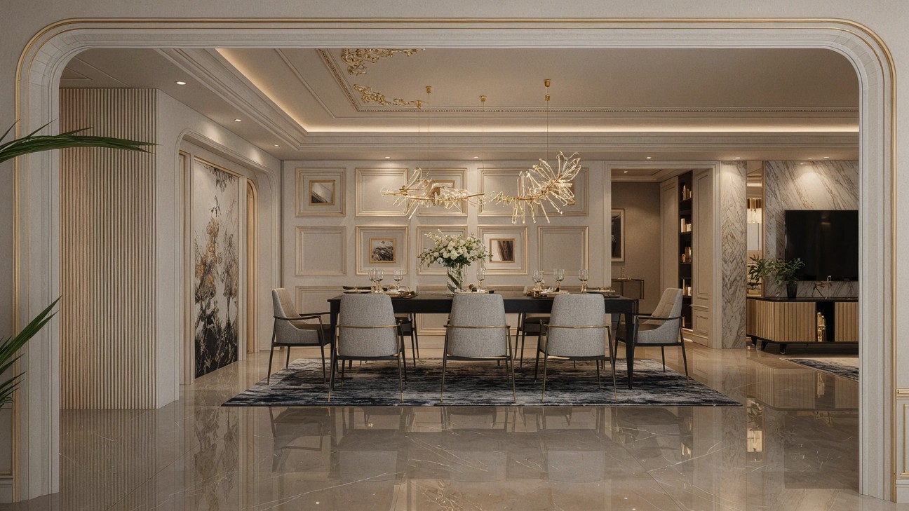 Thi công bàn ăn tân cổ điển có đèn led âm trần Thi công bàn ăn tân cổ điển có đèn led âm trần