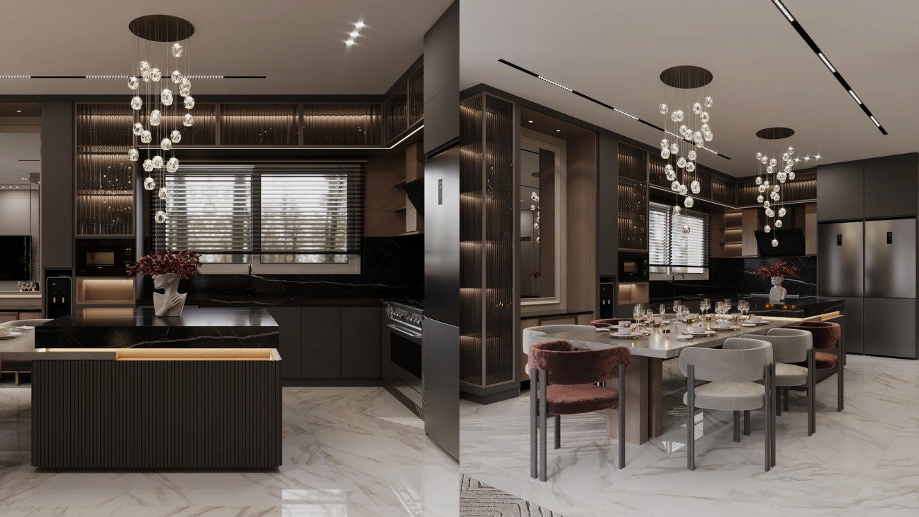 Thi công tủ bếp tân cổ điển với chi tiết đèn chùm luxury Thi công tủ bếp tân cổ điển với chi tiết đèn chùm luxury