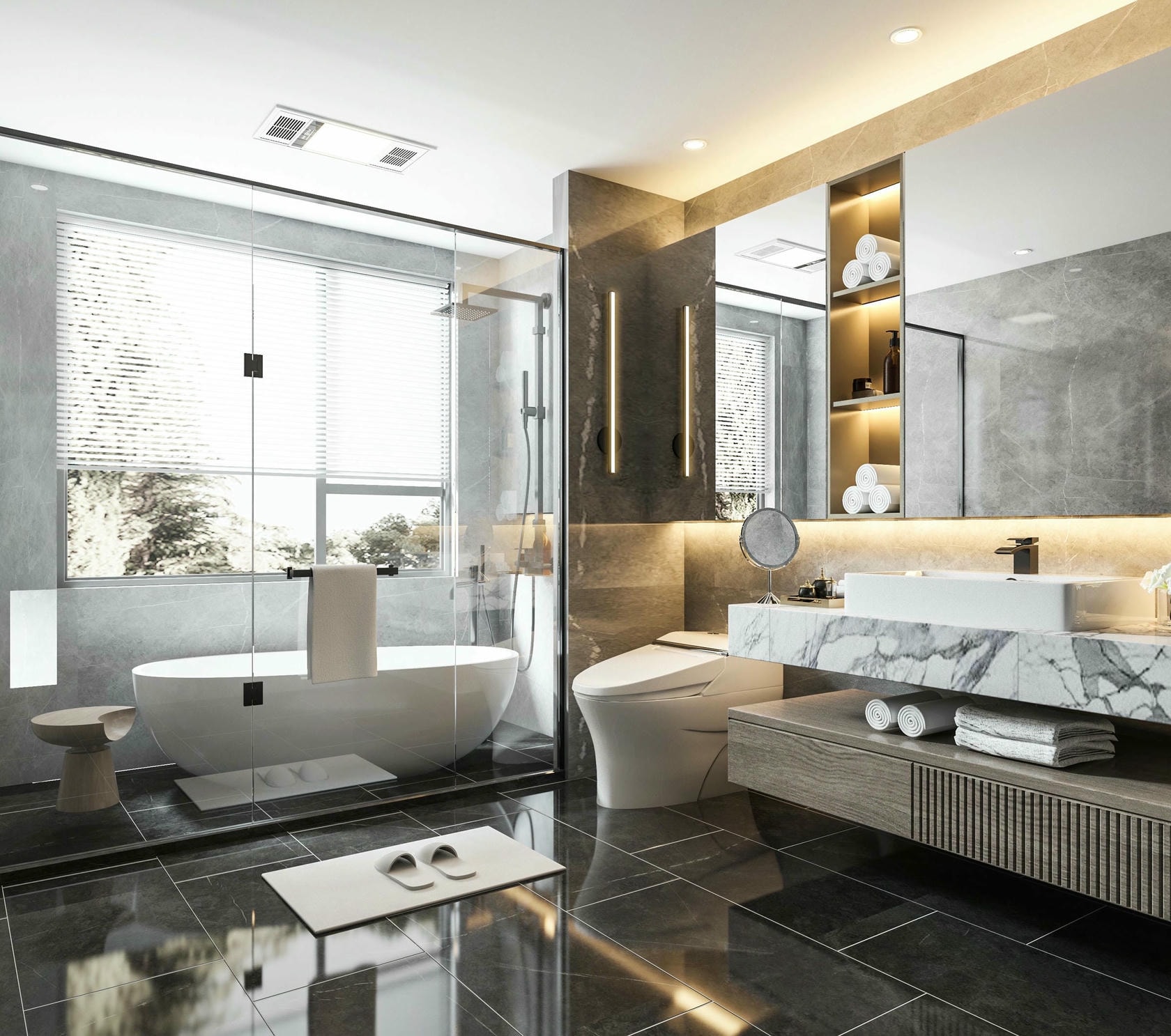 Thiết kế nội thất nhà tắm biệt thự tân cổ điển có cửa sổ Thiết kế nội thất nhà tắm biệt thự tân cổ điển có cửa sổ