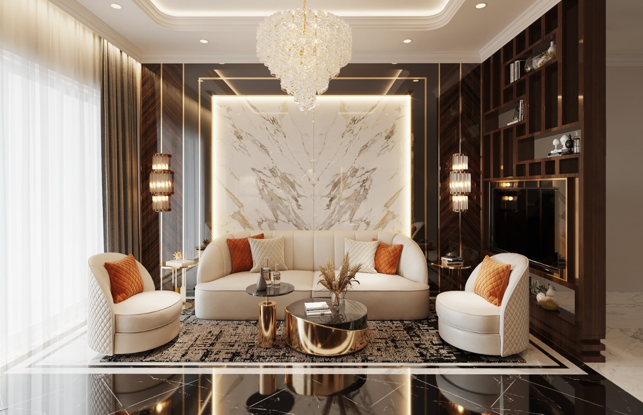 Thiết kế nội thất phòng khách biệt thự tân cổ điển Thiết kế nội thất phòng khách biệt thự tân cổ điển