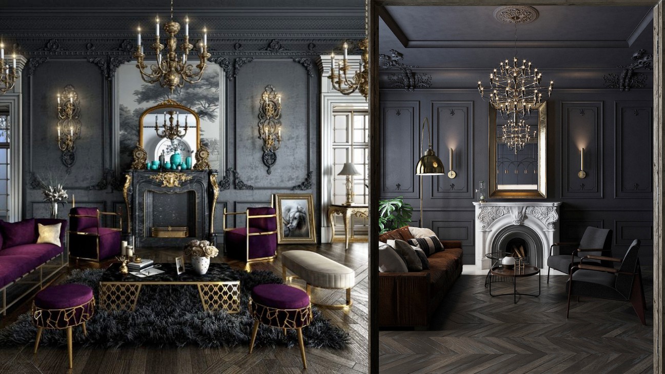 Thiết kế phòng khách Gothic với lò sưởi cổ điển