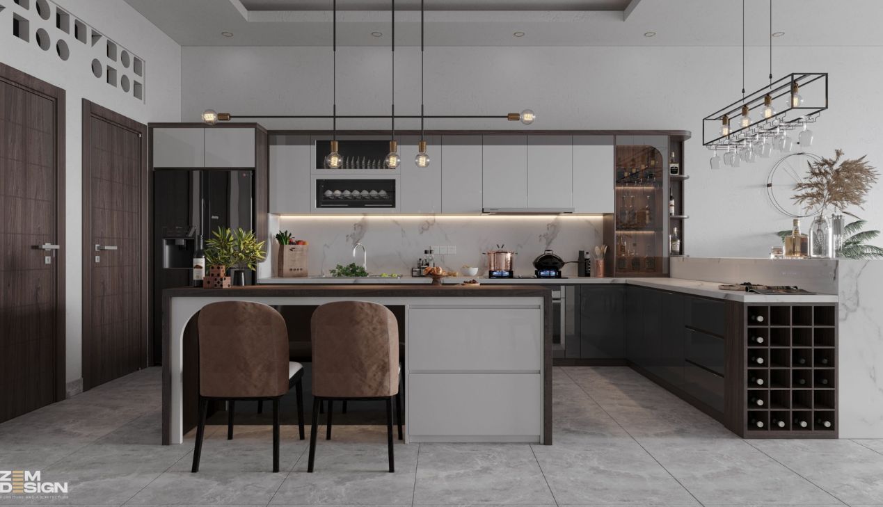 Thiết kế tủ bếp acrylic bóng gương màu trắng sữa Thiết kế tủ bếp acrylic bóng gương màu trắng sữa