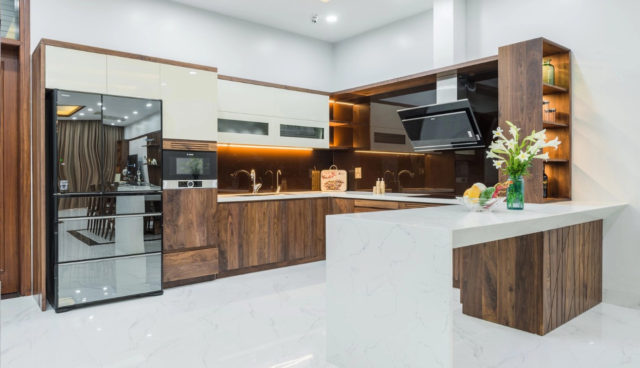 Thiết kế tủ bếp gỗ veneer chống trầy Thiết kế tủ bếp gỗ veneer chống trầy