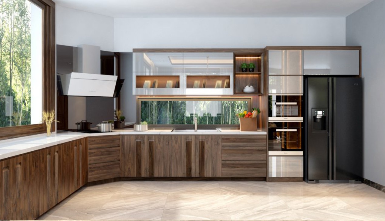 Thiết kế tủ bếp gỗ veneer dễ vệ sinh Thiết kế tủ bếp gỗ veneer dễ vệ sinh