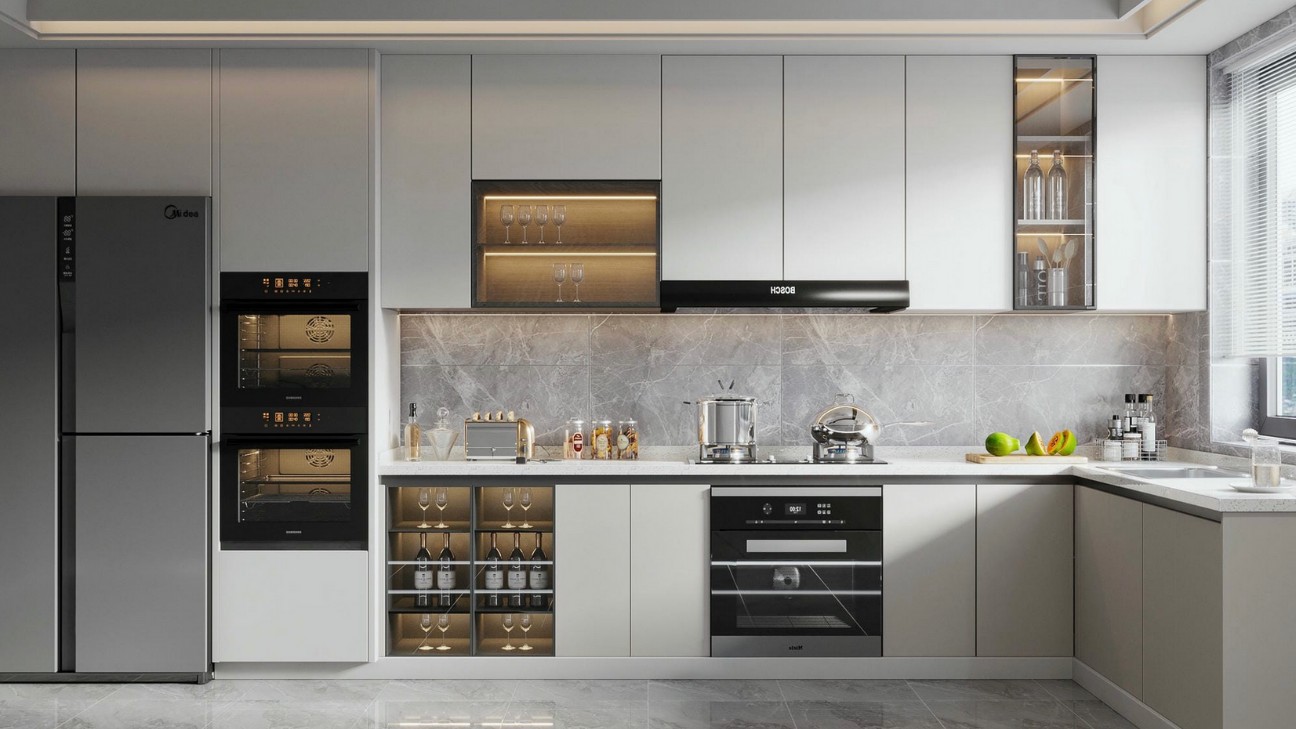 Thiết kế tủ bếp inox cánh kính có rãnh