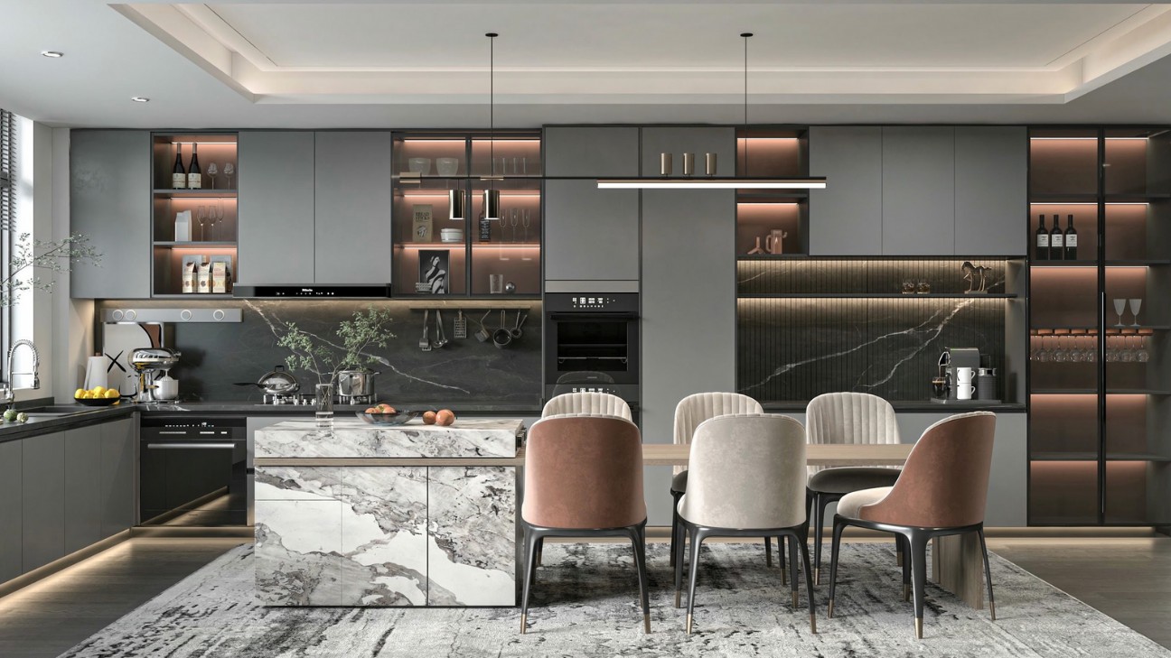 Thiết kế tủ bếp inox cánh kính đen phong cách hiện đại