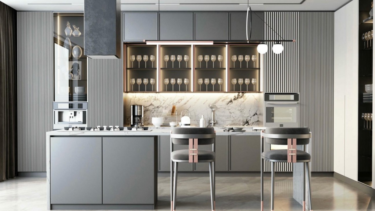 Thiết kế tủ bếp inox cánh kính hiện đại