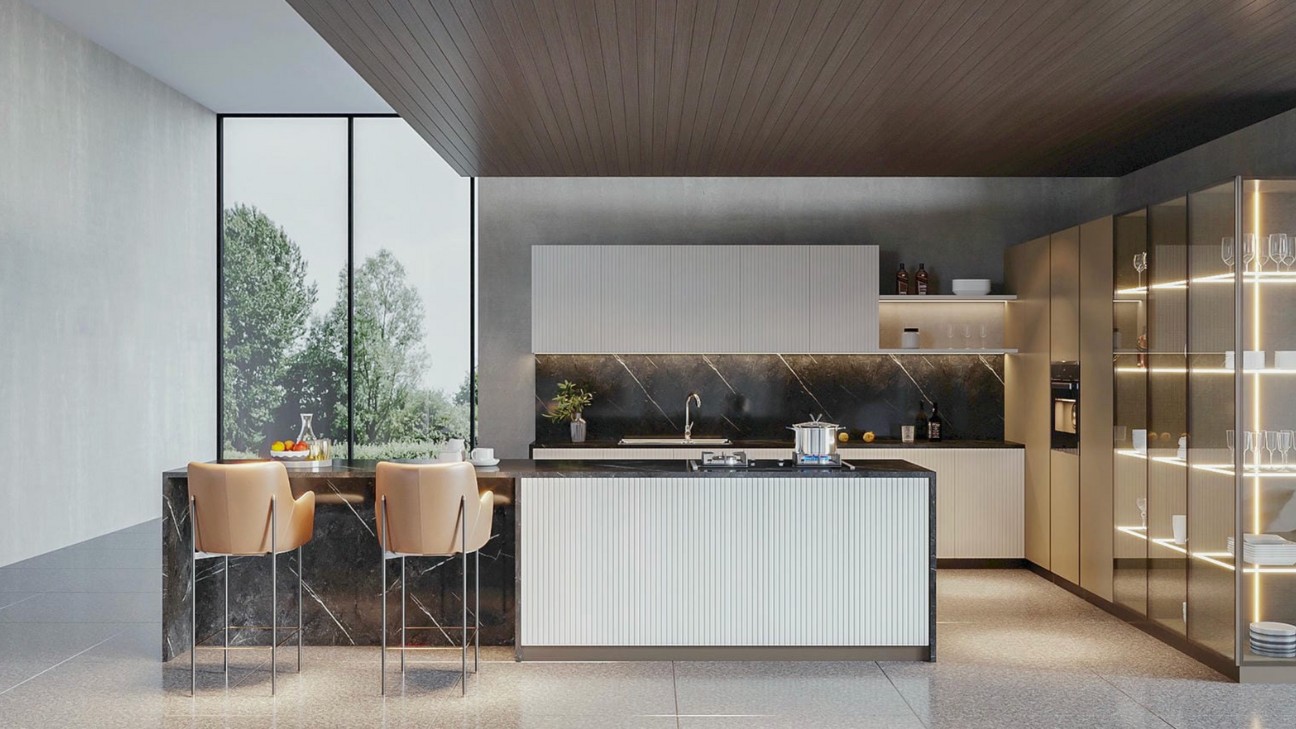 Thiết kế tủ bếp inox cánh kính tươi mát