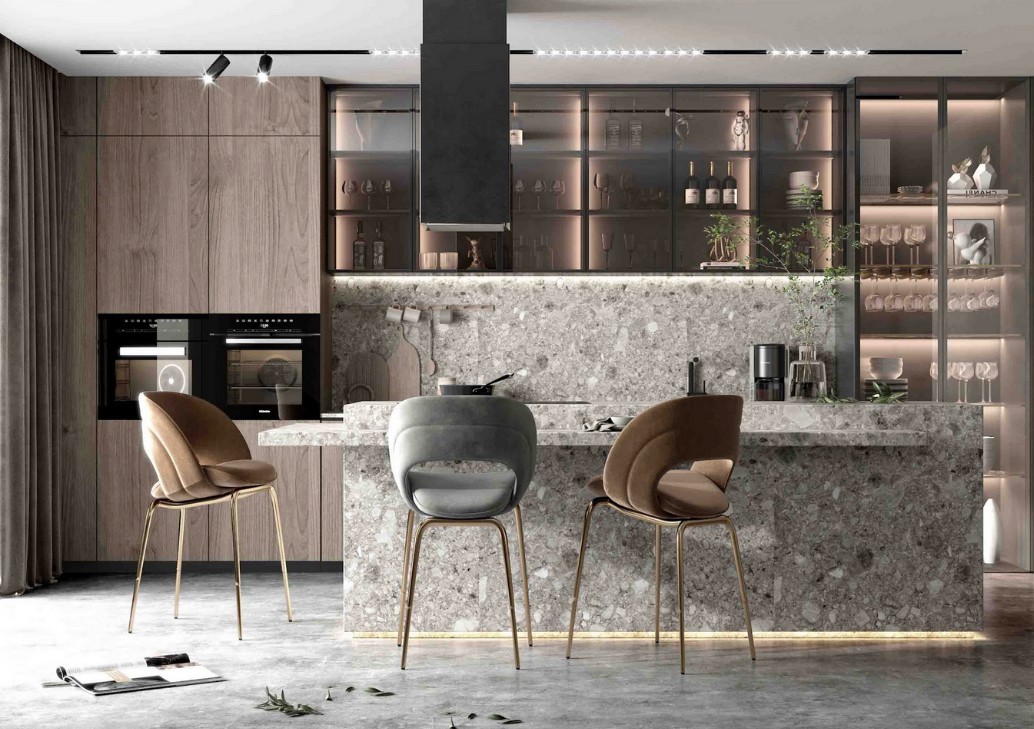 Thiết kế tủ bếp inox cánh kính vintage cổ điển