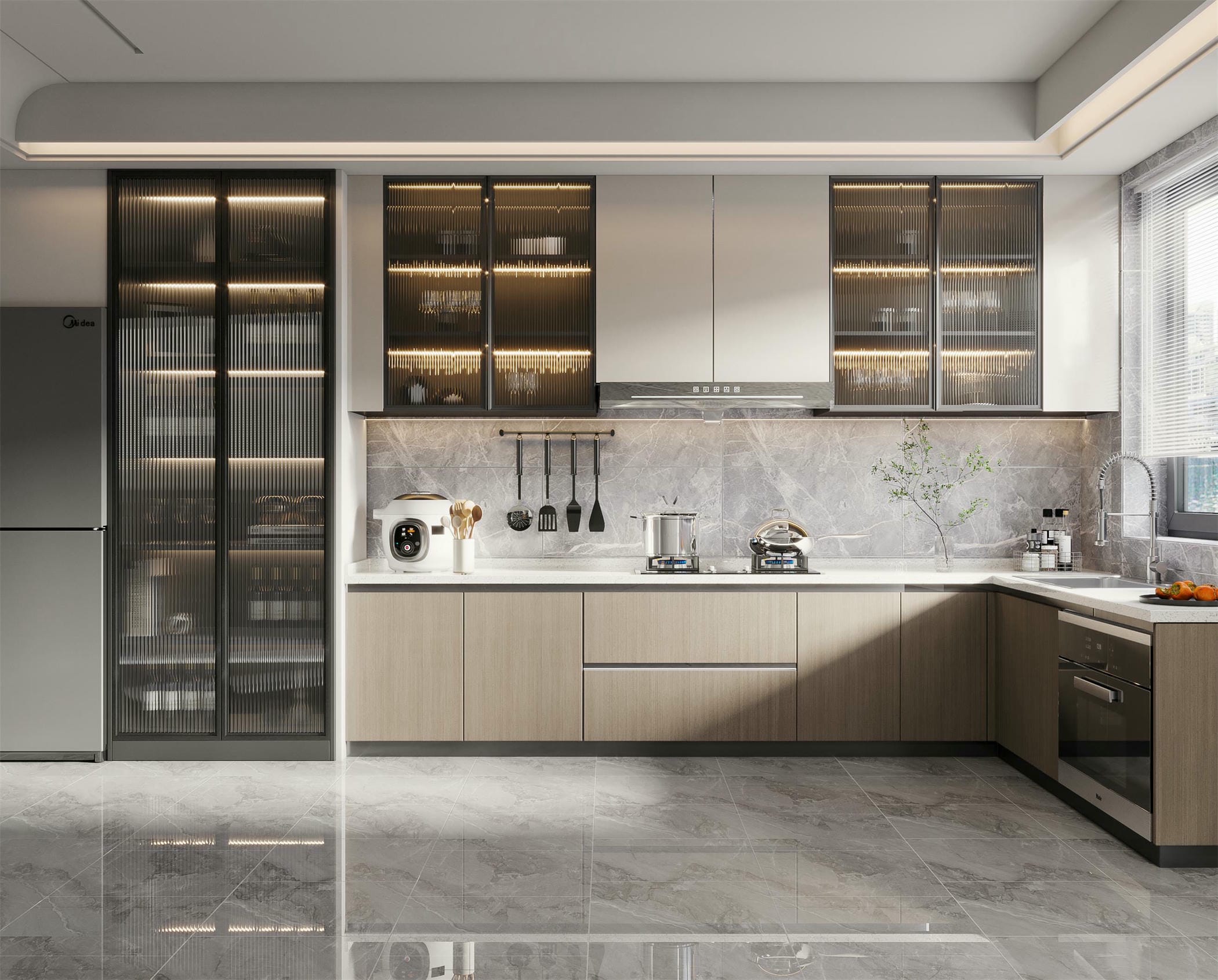 Thiết kế tủ bếp nhôm giả gỗ cho chung cư