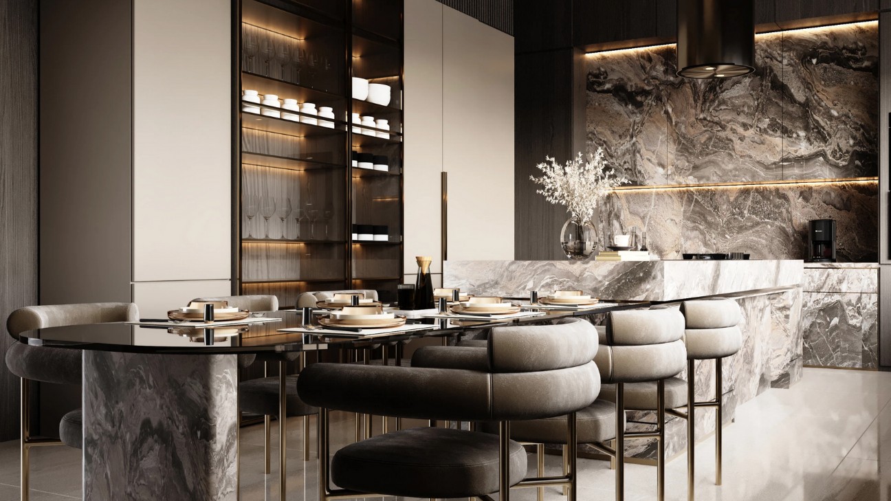Thiết kế tủ bếp tân cổ điển có ghế bar cao Thiết kế tủ bếp tân cổ điển có ghế bar cao
