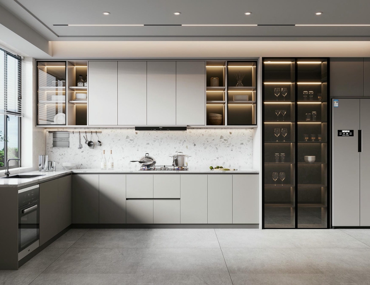 Tủ bếp acrylic kết hợp tay nắm âm