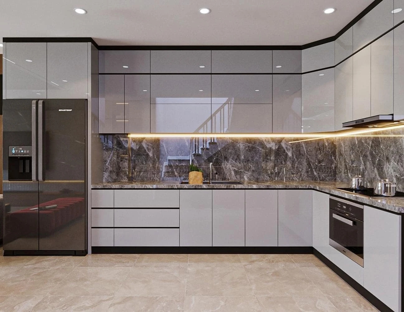 Tủ bếp acrylic khung inox cho nhà phố