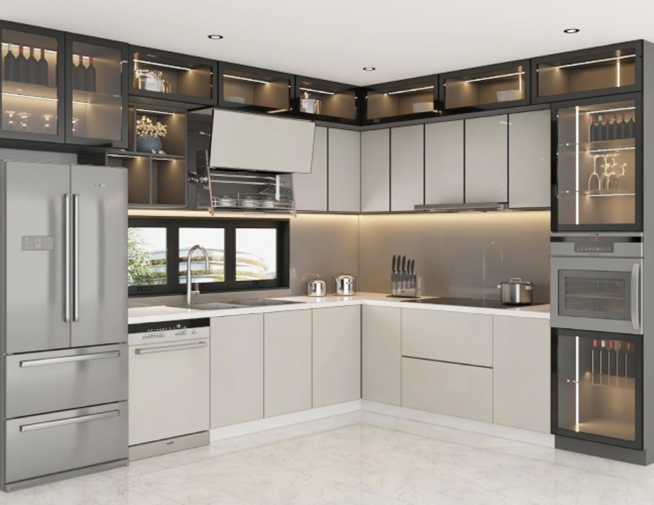 Tủ bếp acrylic khung inox tiết kiệm không gian