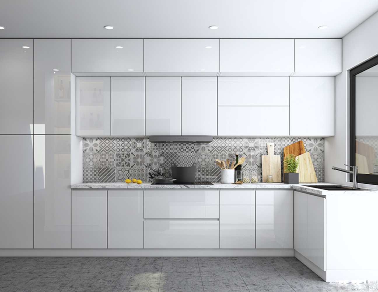 Tủ bếp acrylic mặt trơn liền khối
