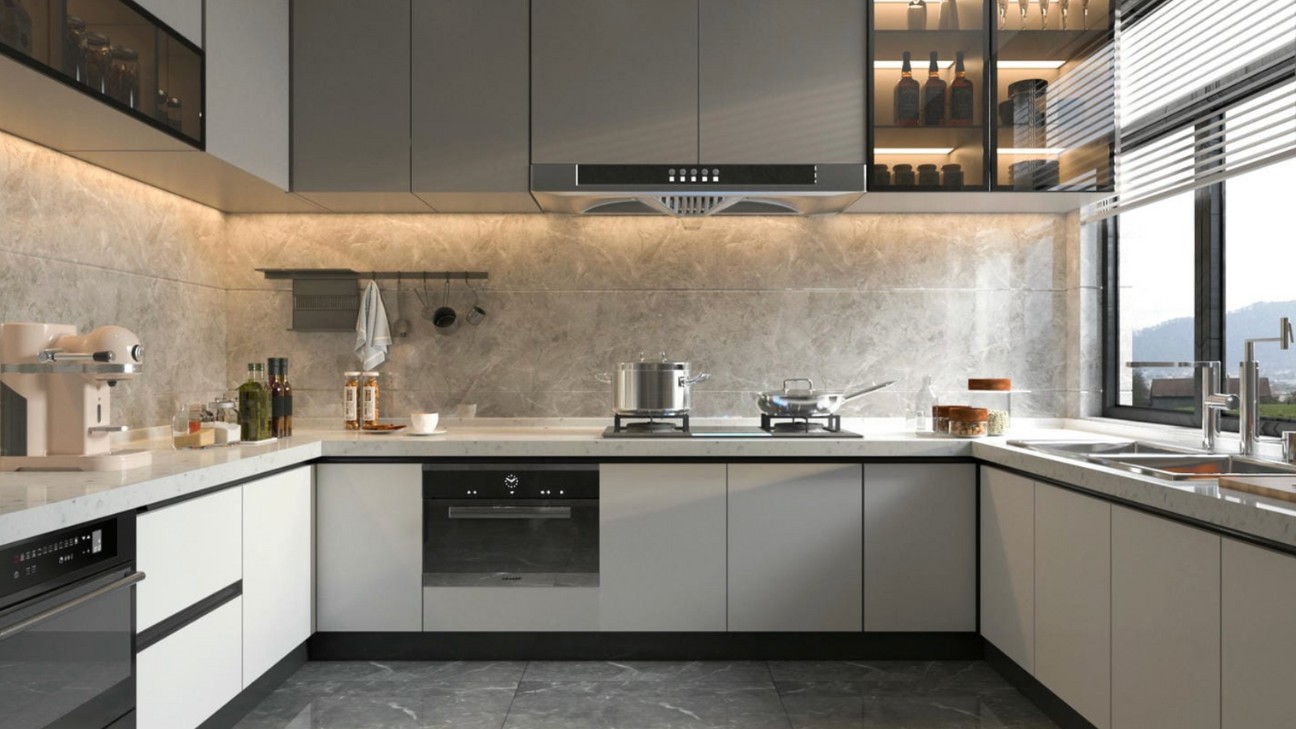 Tủ bếp chữ U kết hợp đá marble hiện đại Tủ bếp chữ U kết hợp đá marble hiện đại