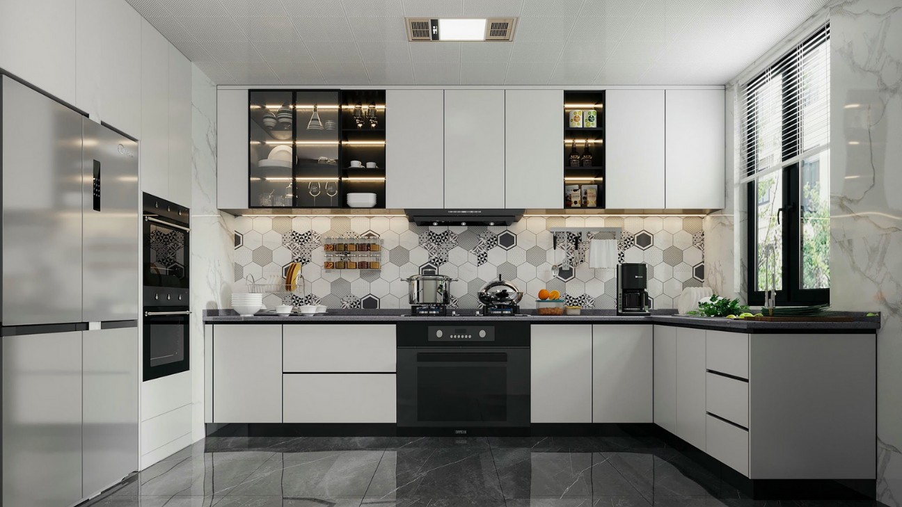Tủ bếp chữ U có đèn led trang trí Tủ bếp chữ U có đèn led trang trí