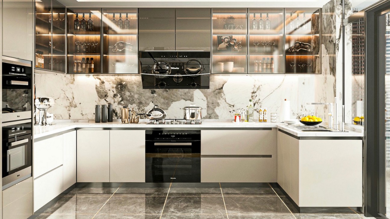 Tủ bếp chữ U với mặt đá marble cao cấp Tủ bếp chữ U với mặt đá marble cao cấp