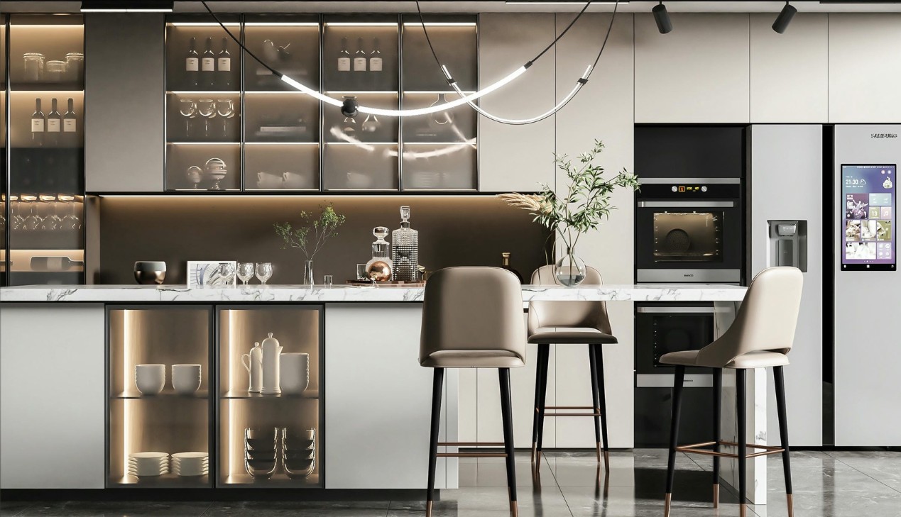 Tủ bếp có bàn đảo kiêm kệ lưu trữ