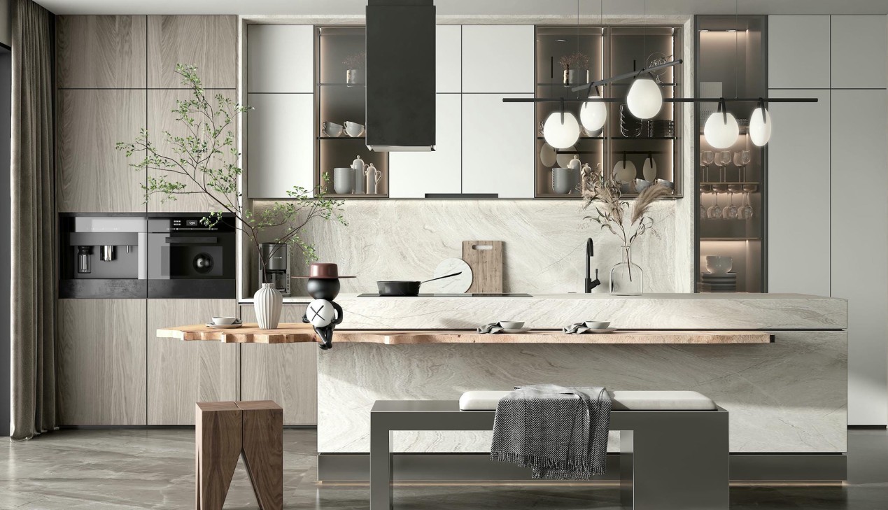 Tủ bếp có bàn đảo tích hợp bếp nấu